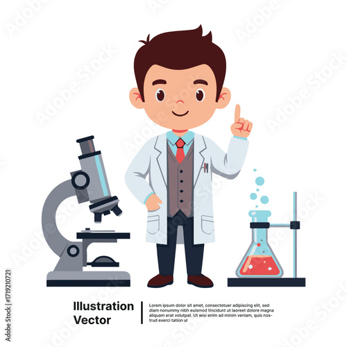 Young Scientist with Microscope and Flask, Smart Idea and Discovery