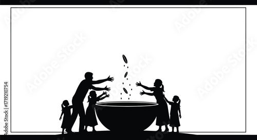 Family fun tossing coins into a wishing well silhouette art