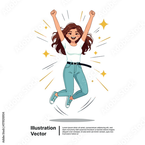 Joyful young woman jumping for joy, celebrating success and achievement cartoon vector