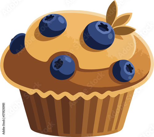 Minimalist Blueberry Muffin Vector Illustration with Whole Berries and Stylized Leaf on Modern Blue Background – Perfect for Bakery Branding, Dessert Menus, and Food Packaging Design