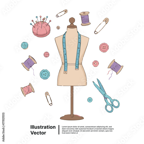 Creative hand-drawn vector illustration of sewing and tailoring supplies for fashion design and craft projects