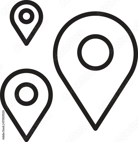 location, map, address icon. Three location markers in varying sizes, outlined and simple.