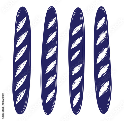 Hand drawn illustration of four delicious baguettes with white flour cuts on each side