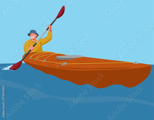 A man is kayaking down a river. Vector illustration.