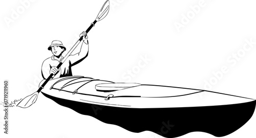 A man is kayaking down a river. Vector illustration.