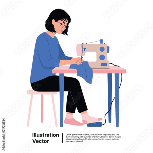 Woman wearing glasses, sitting and sewing on a sewing machine at a table