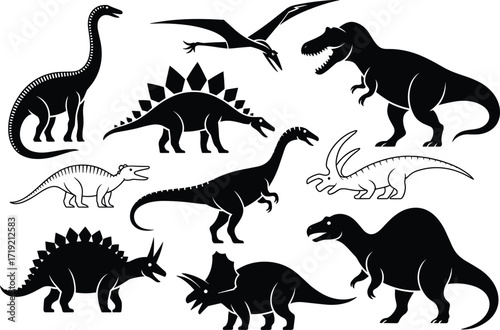 Dinosaur silhouettes, prehistoric creatures, black vector icons, Jurassic animals, extinct species, educational illustration, fossil era, reptile shapes, white background, evolution graphics