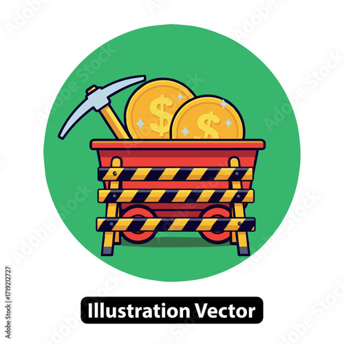 Unearthing Digital Wealth Conceptual Mine Cart with Golden Coins and Pickaxe Icon for Investment Growth