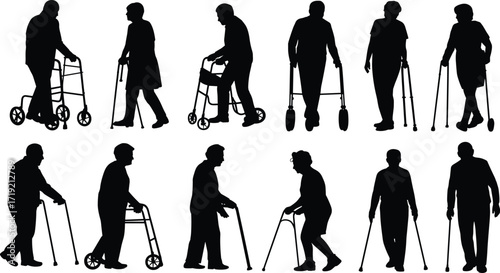 Elderly people silhouettes, walking aids, mobility support, senior care, black vector icons, cane, walker, rehabilitation, aging, accessibility, healthcare illustration
