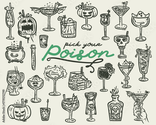 Halloween Cocktails and Poisons Set - vector hand drawn illustration