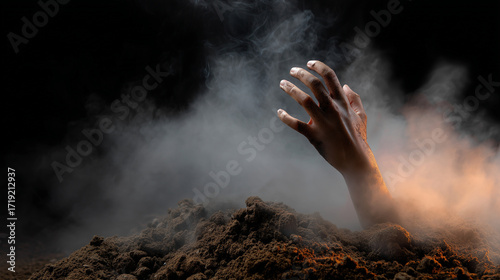 Creepy undead arm breaking through dirt, smoke and mist around, dramatic Halloween horror concept. SEO undead arm soil, Halloween creepy photo, horror zombie rising, foggy scary ba