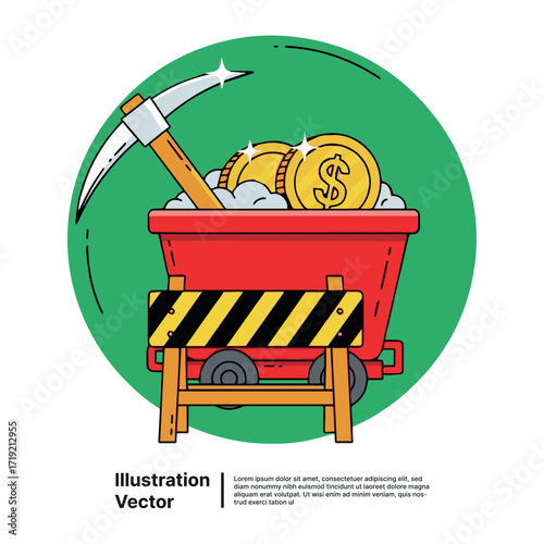Mining Riches Gold Coins in Mine Cart Illustration