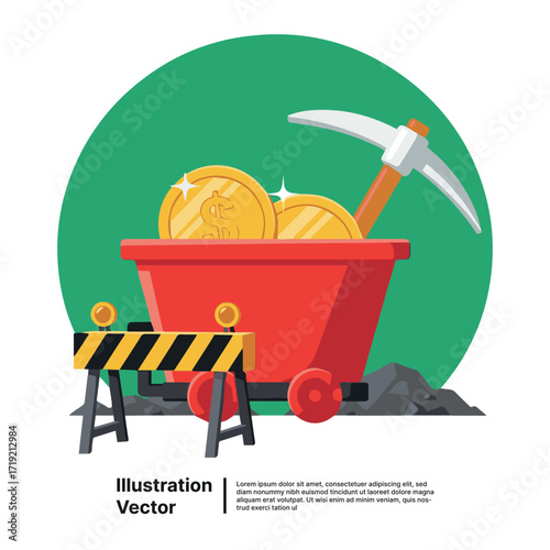 Mining Cart Illustration Concept of Wealth, Resource Extraction, and Financial Growth