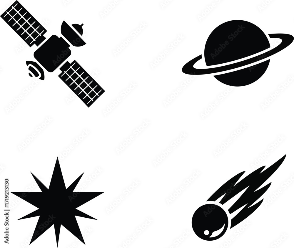 Naklejka premium Space icons with satellite, planet, star, and comet for astronomy themes