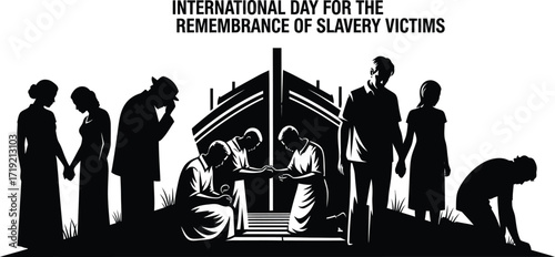 Silhouettes commemorating slavery victims with boat and figures of grief and loss