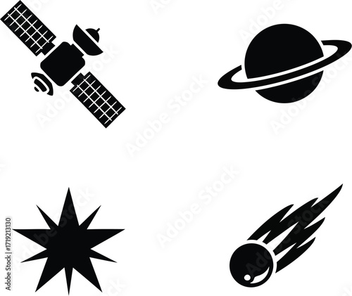 Space icons with satellite, planet, star, and comet for astronomy themes