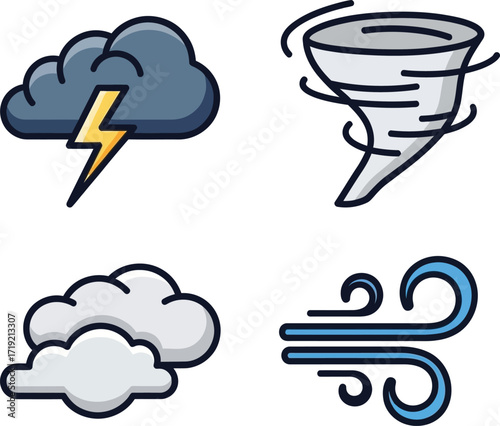 Weather forecast icons with storm, tornado, clouds, and wind in colorful style