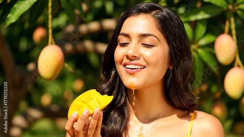 A beautiful young woman blissfully enjoys a ripe mango outdoors, its juice dripping down her chin as she closes her eyes in contentment.

