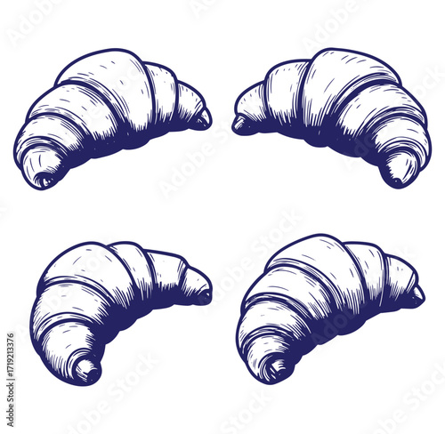 Hand drawn illustration of four flaky golden croissants on white background ready for design