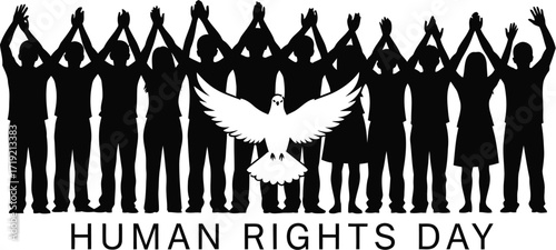 Human rights rally with dove of peace symbol, unity and freedom