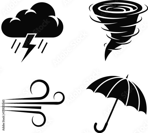 Weather forecast icons with storm, tornado, wind, and umbrella in black silhouette