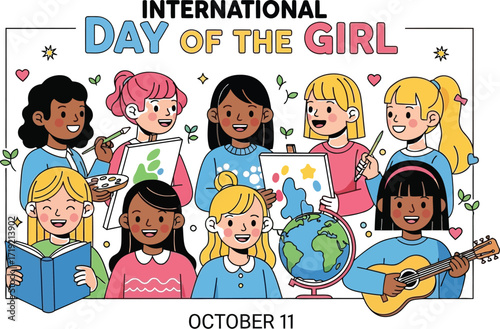 Diverse group of girls celebrating International Day of the Girl with art and music