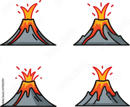 Volcano eruption icons with lava, magma, and smoke