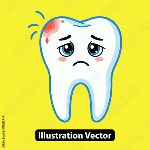 Sad Tooth Illustration Depicting Toothache and Oral Health Concerns on a Vibrant Yellow Background