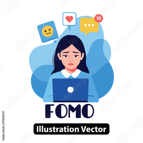 FOMO Sad Woman with Laptop - Fear of Missing Out Social Media Concept Vector