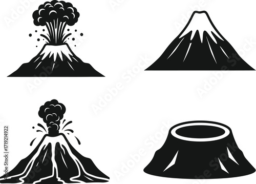 Volcano icons showing stages of volcanic activity in black style