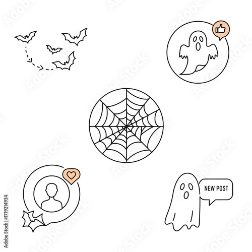 Five simple Halloween icons including bats ghosts spiderwebs and social media elements ideal for seasonal designs and online promotions.