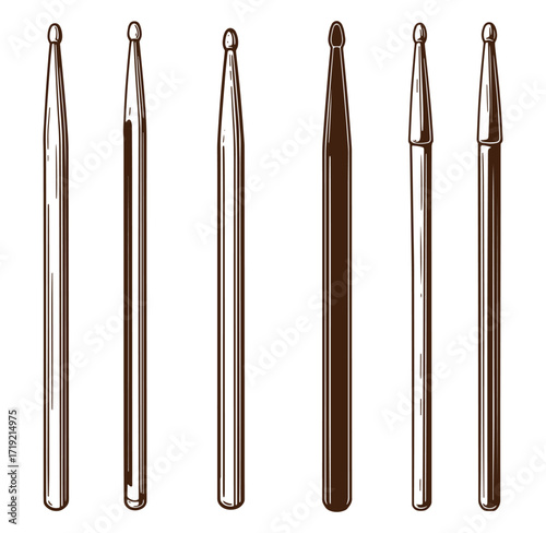 Hand drawn illustration of six various styles of wooden drumsticks in different tones