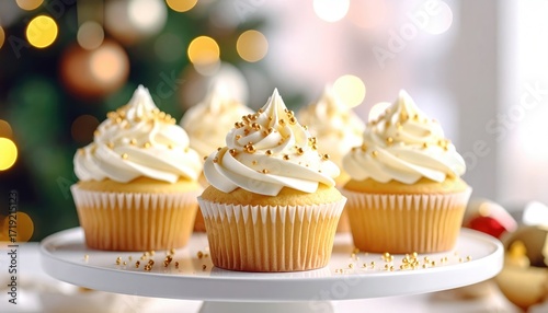 Five vanilla cupcakes with white frosting and gold sprinkles, arranged on a white platter, with a blurred Christmas tree background