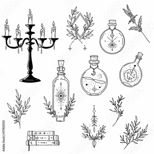 Collection of hand-drawn mystical elements including candlesticks, bottles, herbs, and books, perfect for Wiccan, gothic, or occult designs.