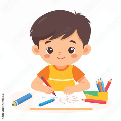 A young boy with brown hair is happily drawing on a white sheet of paper with colored pencils.