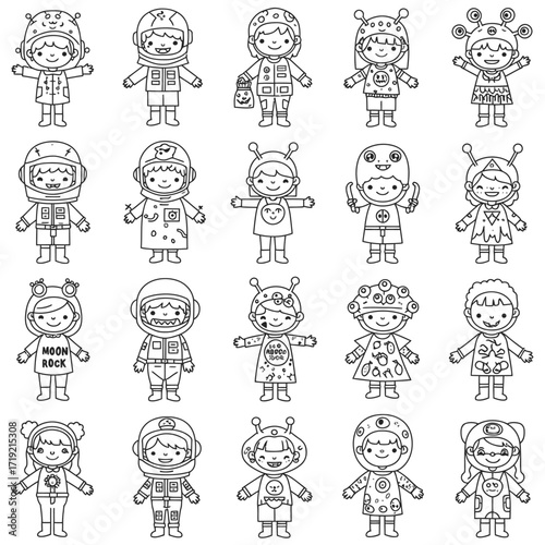 This delightful collection features adorable cartoon children dressed in imaginative costumes, from brave astronauts to friendly aliens, ideal for creative coloring activities.