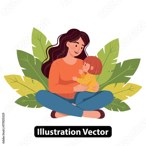 A Mother's Love Tender Embrace with Child in a Lush Green Setting Illustration
