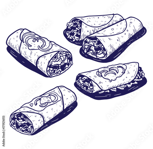 Hand drawn illustration of various delicious burritos ready for a satisfying meal