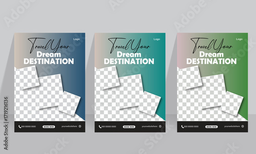 Travel poster or flyer pamphlet brochure design layout space for photo background. Travel flyer template for travel agency