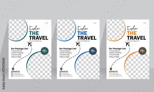 Travel poster or flyer pamphlet brochure design layout space for photo background. Travel flyer template for travel agency