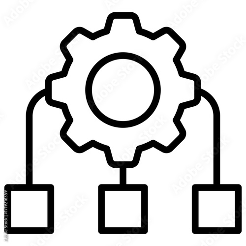 System Structure Outline Icon Design Vector - gear connected to three blocks representing system architecture, hierarchy, and process management