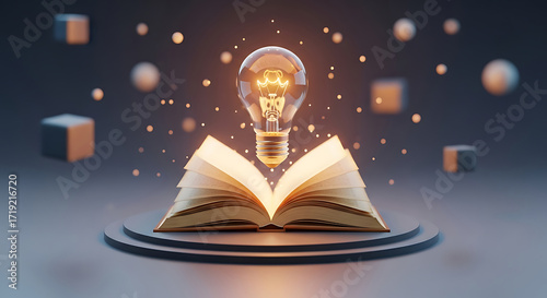 Glowing light bulb illuminating an open book on a pedestal symbolizing knowledge and inspiration