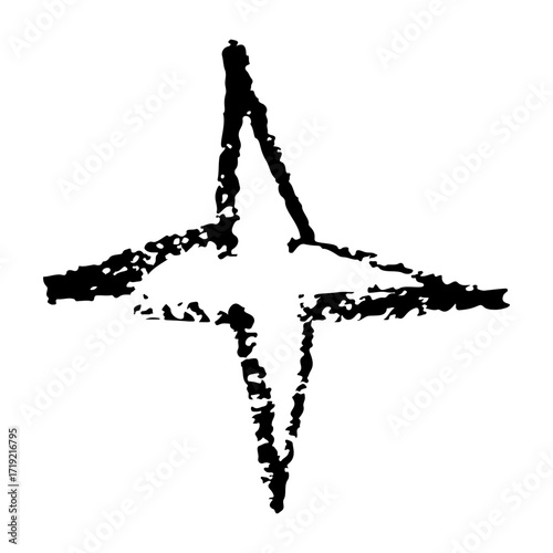Abstract black four pointed star cross with rough grunge edges. Distressed vector illustration isolated on transparent background. Ideal for punk, edgy and retro design projects