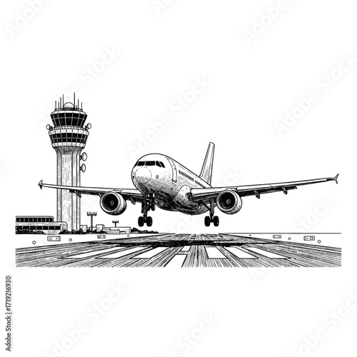 Black and white engraving sketch of airplane flying low above runway, detailed etching lines, airport control tower and lights visible in the background, high contrast silhouette vector illustration