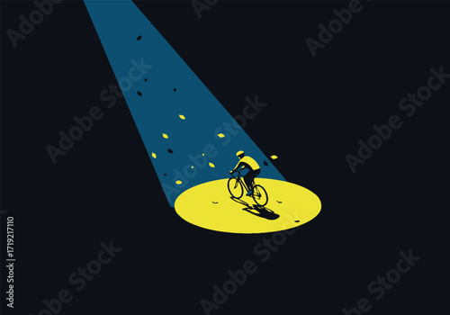 A cyclist rides into the spotlight, surrounded by falling leaves, creating a dramatic scene with a dark blue background, emphasizing the beauty and solitude of a night ride