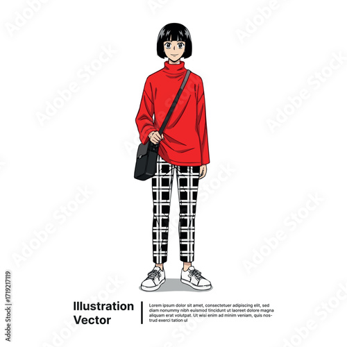 Cartoon Illustration of a Stylish Person with Short Black Hair, Red Top, and Plaid Pants