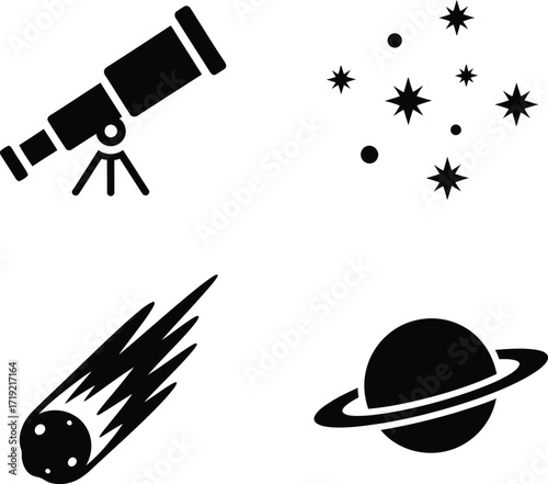 Astronomy icons with telescope, stars, comet, and planet