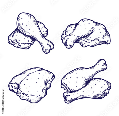 Hand-drawn illustrations of various chicken pieces featuring drumsticks and thighs in a vintage style