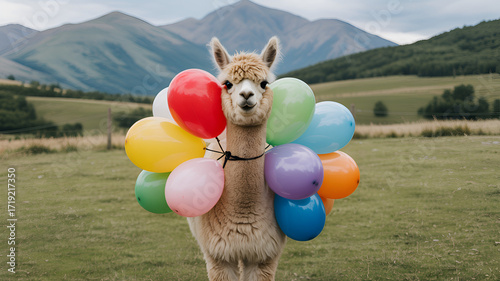 funny llama standing in meadow holding colorful balloons playful surreal animal concept anthropomorphic creative wildlife cute furry character entertaining surreal photo art