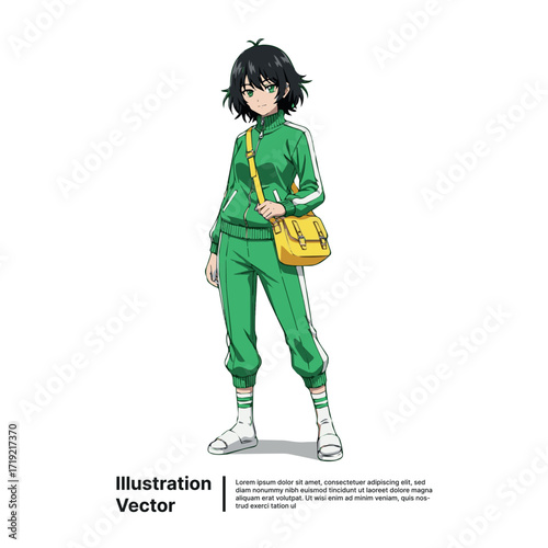 Animated Girl in Green Tracksuit Style and Character Illustration for Animation Designs